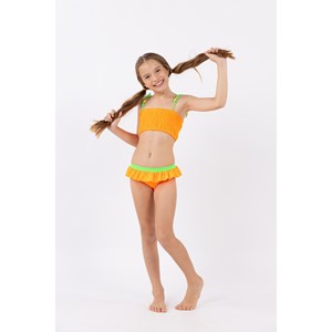 Biquíni infantil feminino top com lastex e calcinha de babados Laranja Neon Flúor
