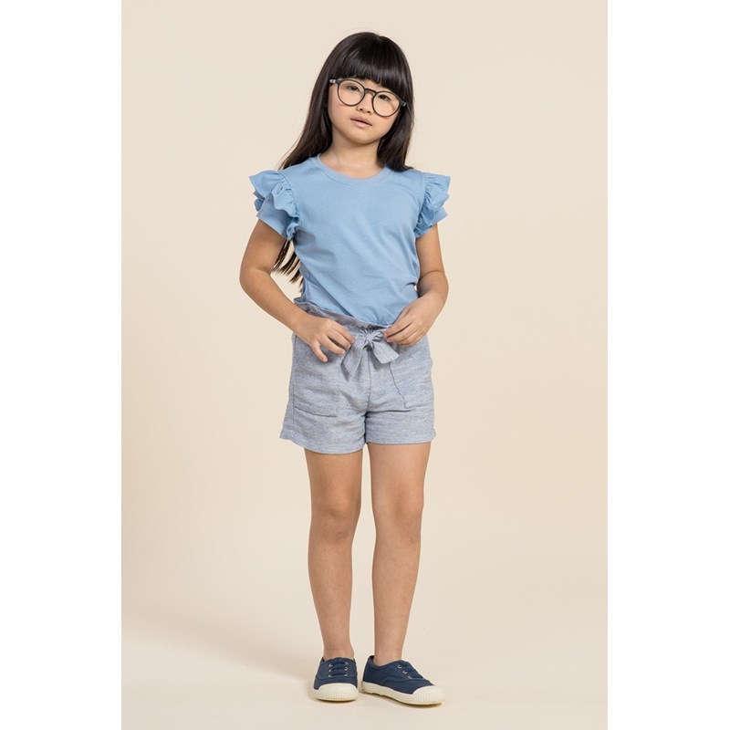 Blusa infantil feminina de malha manga com babado Azul Claro