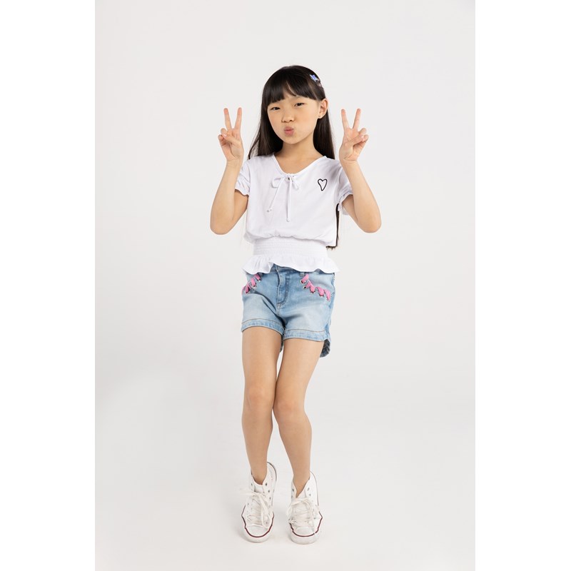 Blusa Infantil Feminina Decote V Com Silk Babados Na Cintura E Mangas Branco