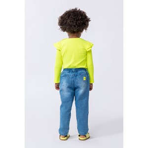 Blusa infantil feminina em malha canelada com babados Amarelo Flúor