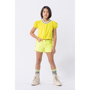 Blusa infantil feminina em tricoline com decote de tricô Amarelo Flúor
