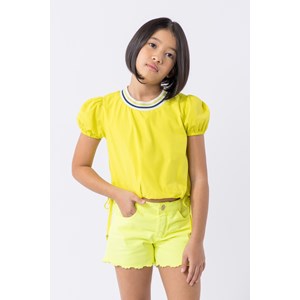 Blusa infantil feminina em tricoline com decote de tricô Amarelo Flúor