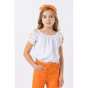 Blusa infantil feminina em tricoline com mangas bordadas Branco