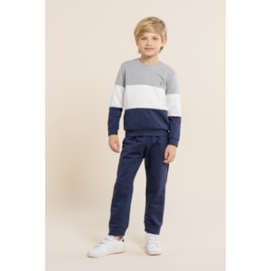 Blusa infantil masculina de moletom com recortes e logo Marinho