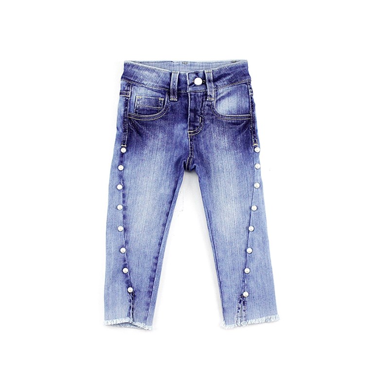 Calça Feminina Infantil / Kids Em Jeans Com Lycra Com Rebites De Perola - 1+1 Delave