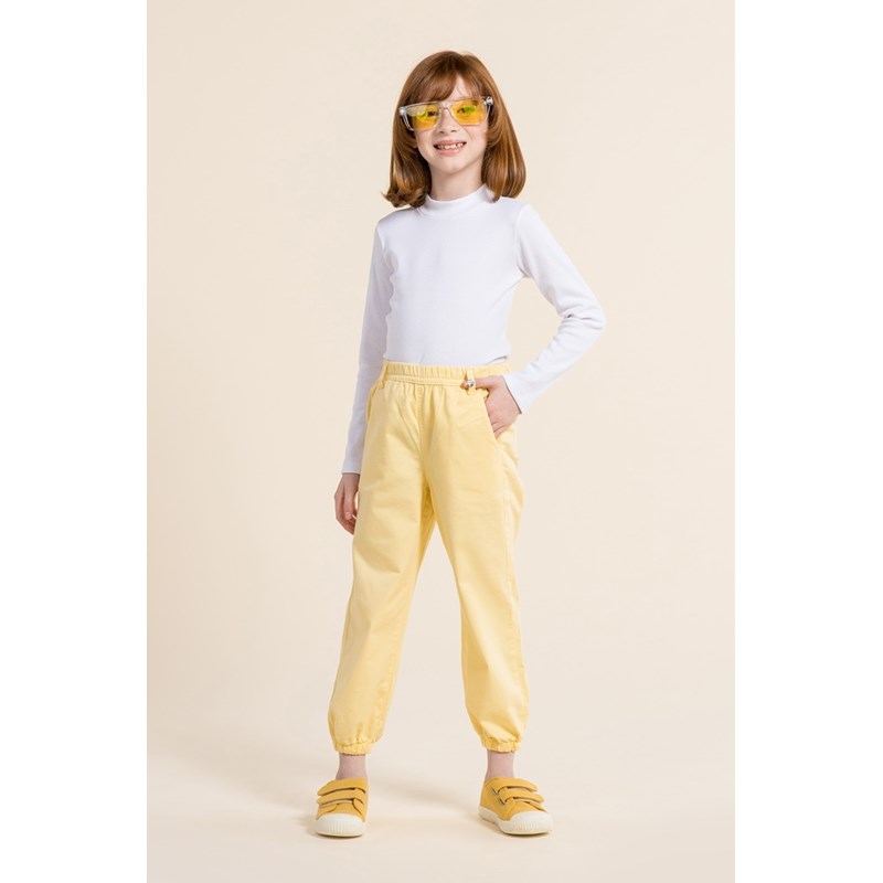 Calça infantil feminina de sarja com bolsos Amarelo Claro