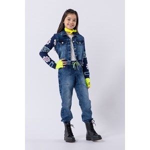 Calça infantil feminina jogger em moletom jeans Azul Jeans