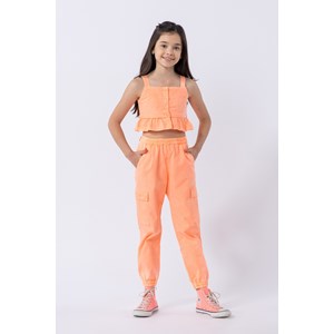 Calça infantil feminina jogger em sarja com elastano tingida Salmão Flúor