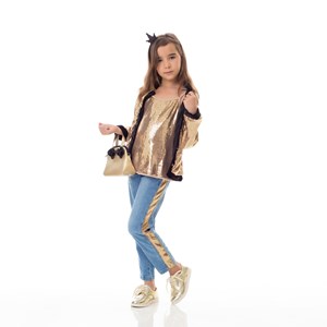 Calça Infantil / Kids Em Jeans Com Lycra Com Recorte Lateral Em Malha Paetê - Um Mais Um Dourado