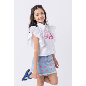 Camisa infantil feminina em tricoline com babados e estampa Branco