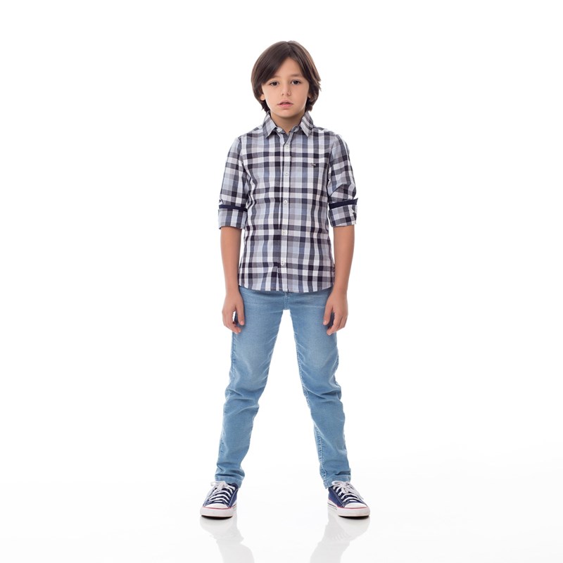Camisa Infantil / Kids Em Xadrez Com Patch De Cachorrinho - Um Mais Um Preto