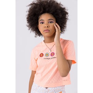 Camiseta cropped teen Feminino com bordado eletrônico Laranja Neon Flúor