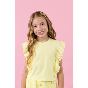 Camiseta infantil feminina de malha com babados em bordado inglês Amarelo Claro