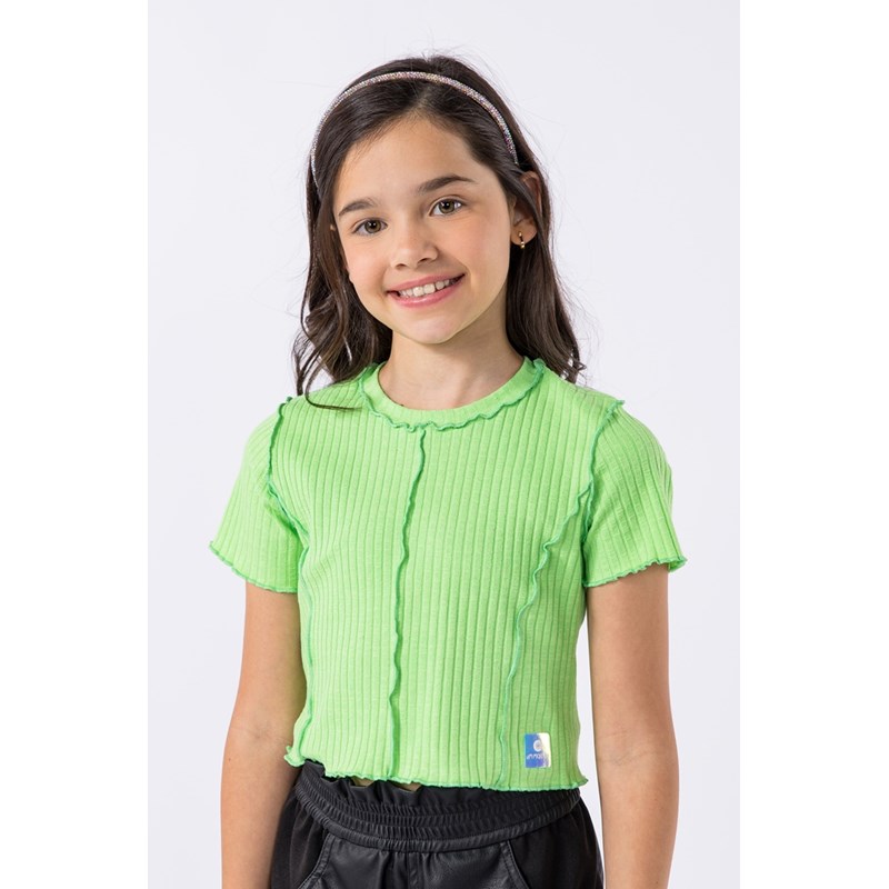 Camiseta infantil feminina em malha canelada com recortes Verde Médio