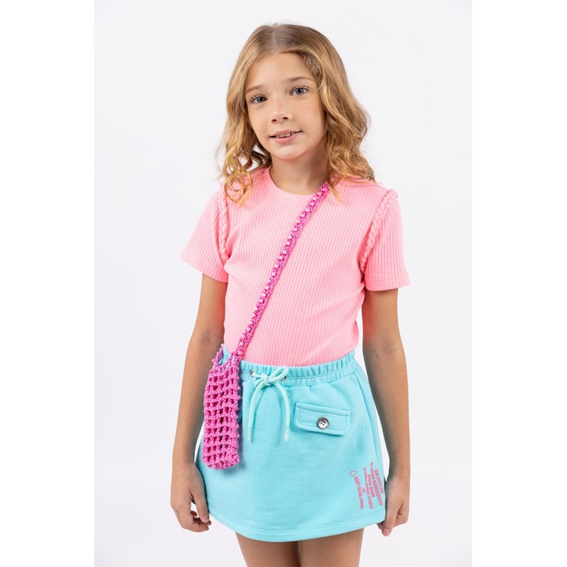 Camiseta infantil feminina em malha com detalhe de trança Rosa Flúor