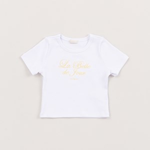 Camiseta Infantil Feminina Malha Canelada E Bordado Branco