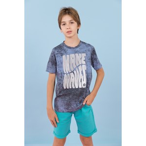 Camiseta infantil masculina malha 100% algodão com silk espinhadinho Azul Jeans