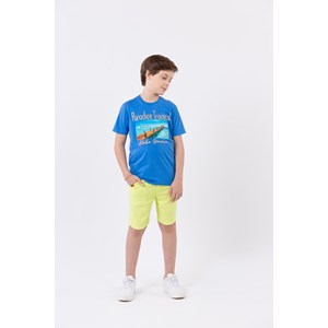 Camiseta menino malha 100% algodão aplique corte a laser e silk Azul Médio