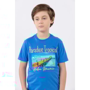 Camiseta menino malha 100% algodão aplique corte a laser e silk Azul Médio