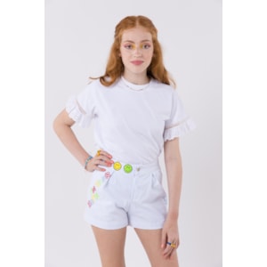 Camiseta teen feminina com babados nas mangas e bordado inglês Branco