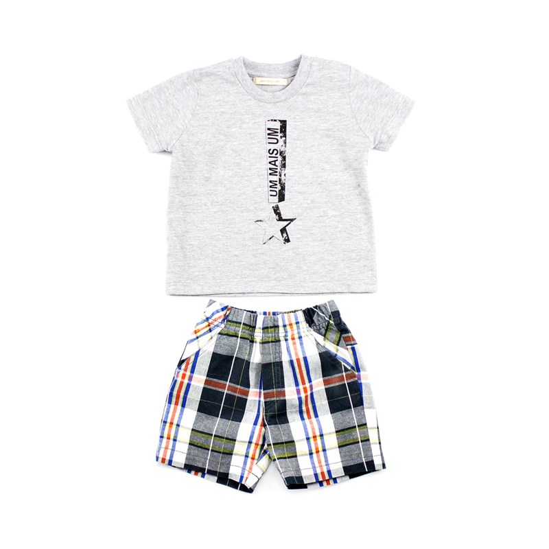 Conjuntinho Infantil / Baby Masculino Camisa + Bermuda Em Malha Strong E Xadrez -1+1 Chumbo
