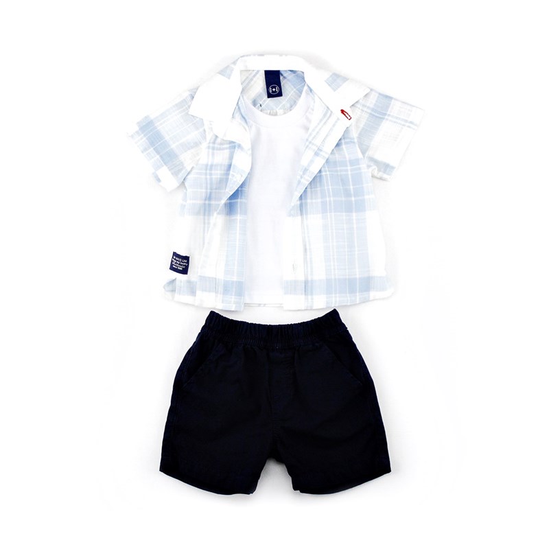 Conjuntinho Infantil / Baby Masculino Camisa + Bermuda Em Malha Strong E Xadrez - 1+1 Marinho