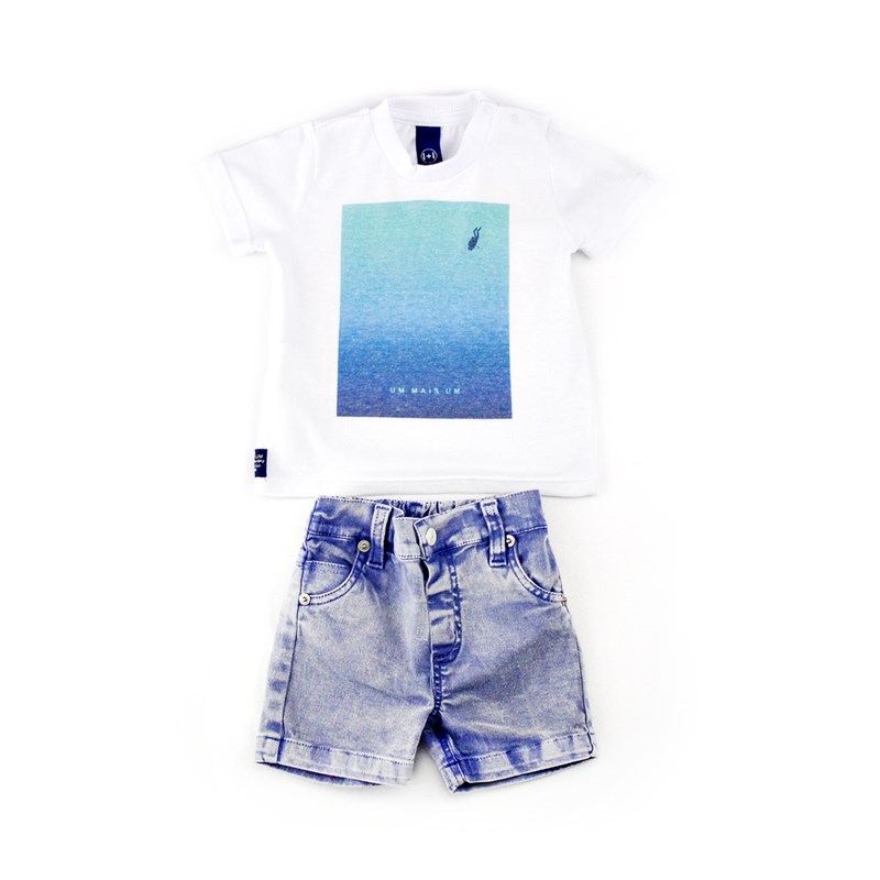 Conjuntinho Infantil / Baby Masculino Camiseta + Bermuda Em Malha E Sarja Com Lycra - 1+1 Azul Jeans