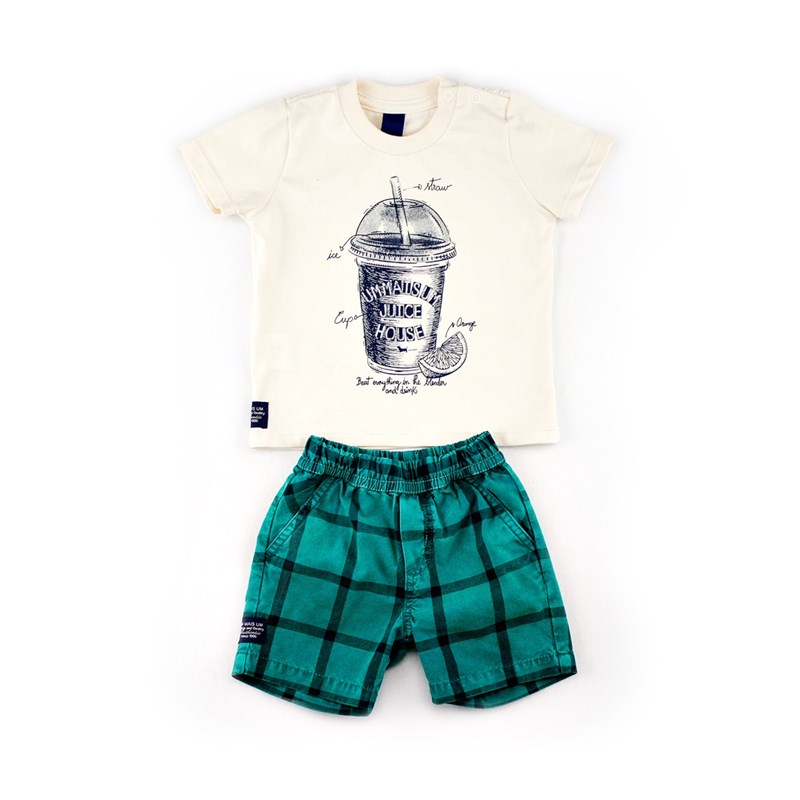 Conjuntinho Infantil / Baby Masculino Camiseta + Bermuda Em Malha Strong Com Xadrez -1+1 Verde
