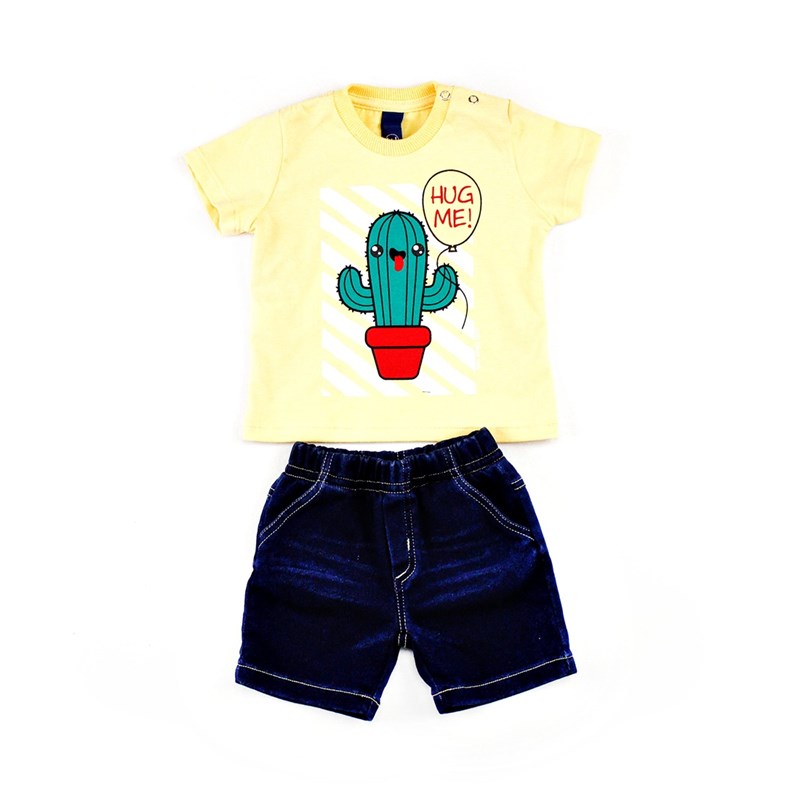 Conjuntinho Infantil / Baby Masculino Camiseta + Bermuda Em Malha Strong E Moletinho Jeans - 1+1 Amarelo Canario