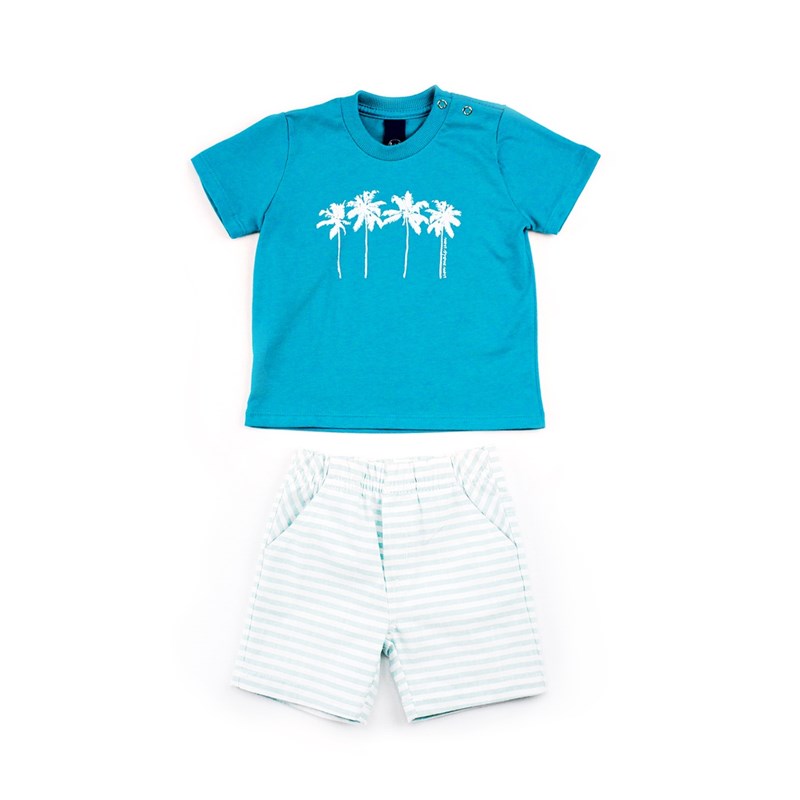 Conjuntinho Infantil / Baby Masculino Camiseta + Bermuda Em Malha Strong E Sarja Maquinetada Listrad Verde Agua