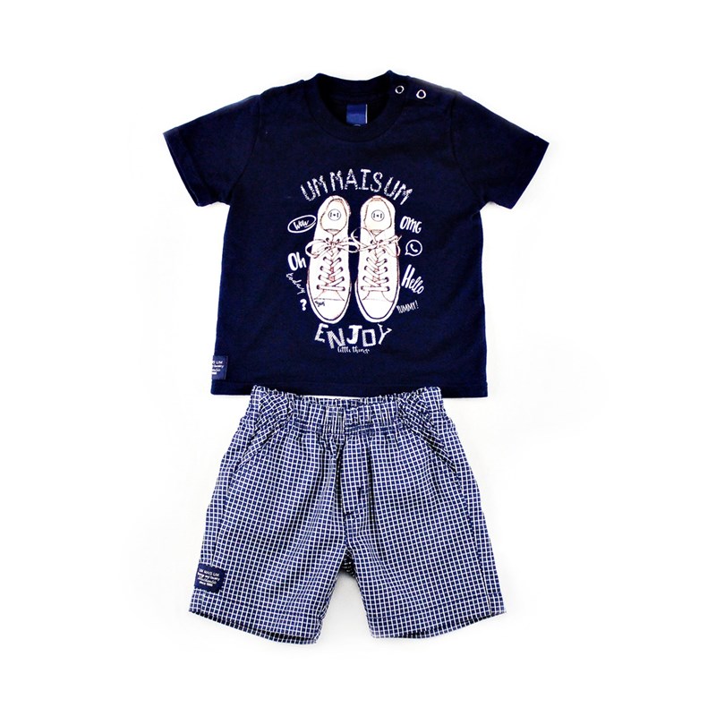 Conjuntinho Infantil / Baby Masculino Camiseta + Bermuda Em Malha Strong E Xadrez -1+1 Marinho