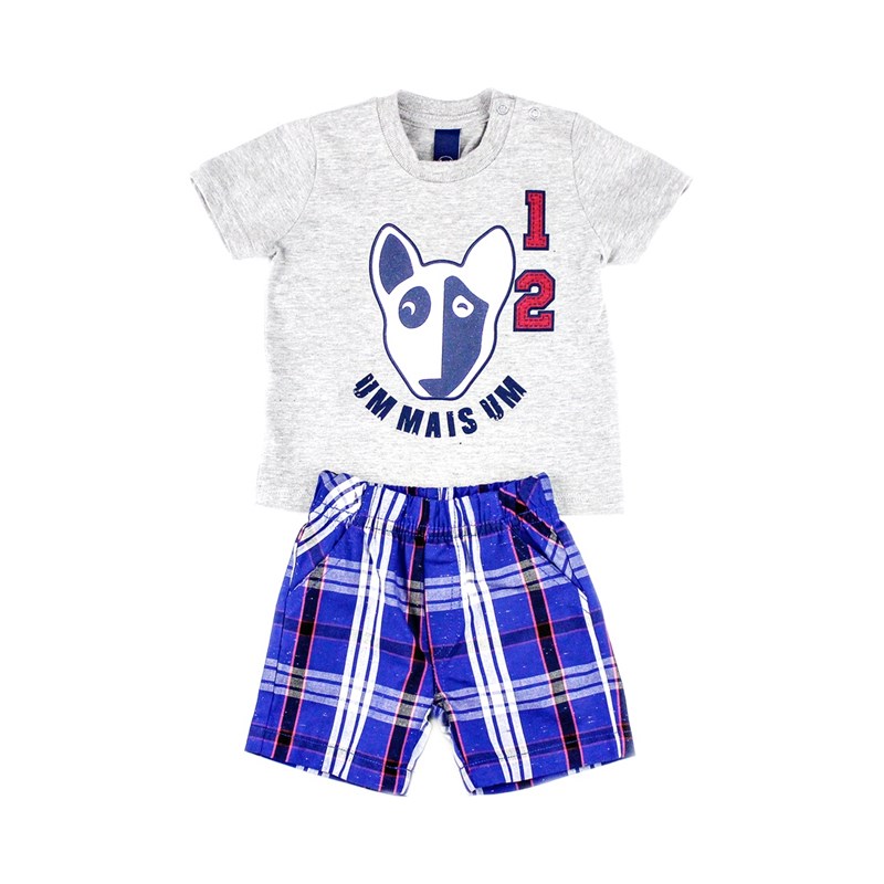 Conjuntinho Infantil / Baby Masculino Camiseta + Bermuda Em Piquet Stone E Tricoline Off - 1+1 Única