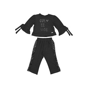 Conjunto abrigo infantil feminino blusa manga 3/4 "COLEGE" + calça com recorte lateral Preto