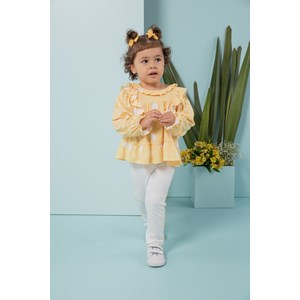 Conjunto baby feminino bata manga longa em tecido poa + calça com faixa lateral Amarelo Canário