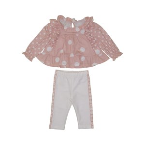 Conjunto baby feminino bata manga longa em tecido poa + calça com faixa lateral Rosa Claro