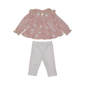 Conjunto baby feminino bata manga longa em tecido poa + calça com faixa lateral Rosa Claro