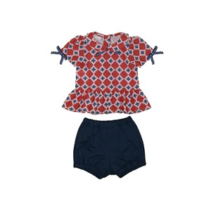 Conjunto baby feminino blusa manga curta barrado franzido + short moletinho Marinho