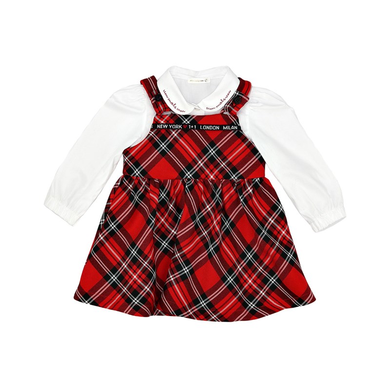 Conjunto feminino Infantil / Baby camisa em tricoline galles com detalhe de bordado na gola + jardin Vermelho
