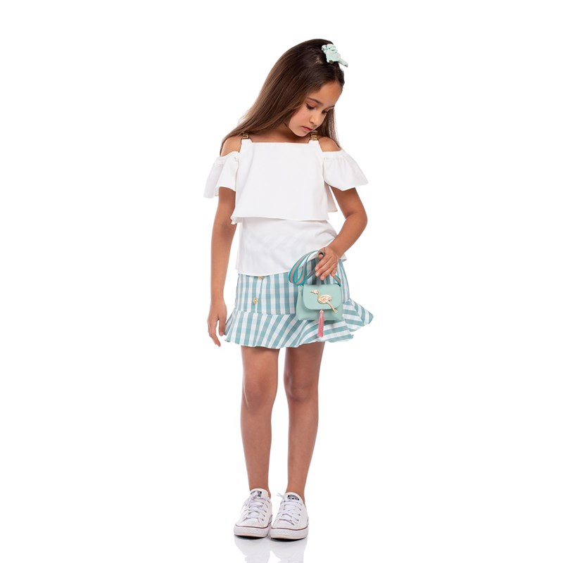 Conjunto Feminino Infantil Blusa De Babados Com Alças Duplas E Argola  + Saia Xadrez Verde