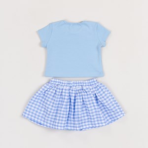 Conjunto Infantil Baby Blusa Canelada + Saia Xadrez Com Calcinha Azul Claro
