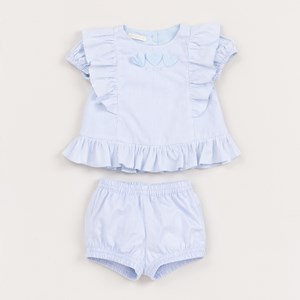 Conjunto Infantil Baby Feminino Blusa Com Bordados+ Short Com Elástico Nas Pernas Azul Claro