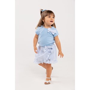 Conjunto Infantil Baby Feminino Blusa Com Laço + Saia-Short Babados Franzidos E Laço Azul Claro