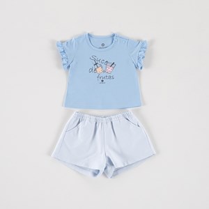 Conjunto Infantil Baby Feminino Blusa Estampa "SUCO DE FRUTAS' + Short Com Bolso Azul Claro