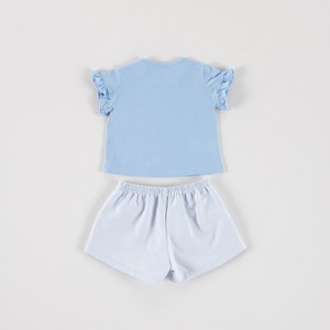 Conjunto Infantil Baby Feminino Blusa Estampa "SUCO DE FRUTAS' + Short Com Bolso Azul Claro