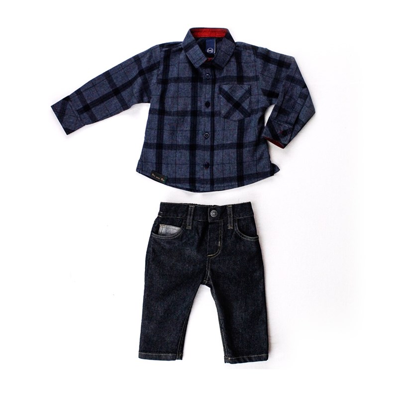 Conjunto Infantil / Baby Masculino Camisa + Calça Em Tricoline E Sarja - 1+1 Marinho