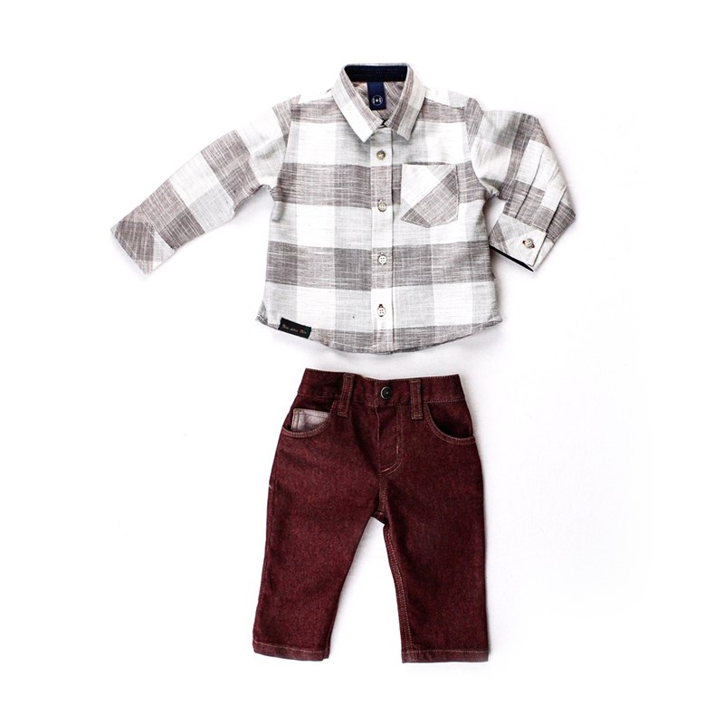 Conjunto Infantil / Baby Masculino Camisa + Calça Em Tricoline E Sarja - 1+1 Vinho