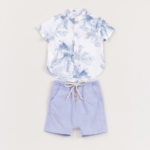 Conjunto Infantil Baby Masculino Camisa Estampada + Bermuda Saruel AZUL JEANS