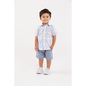 Conjunto Infantil Baby Masculino Camisa Xadrez + Bermuda Chambray Azul Claro