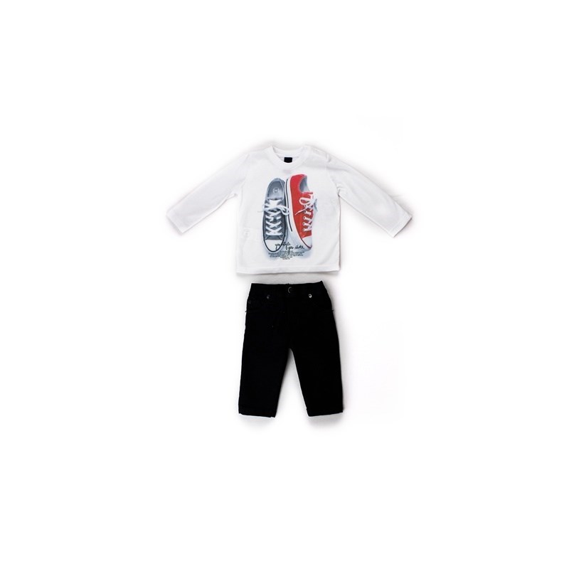 Conjunto Infantil / Baby Masculino Camiseta + Calça Em Malha E Tricoline Listrada - 1+1 Marinho