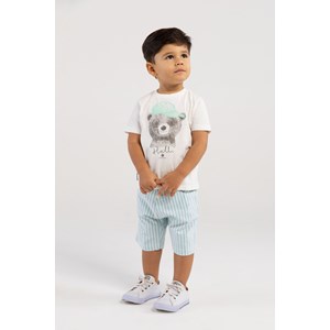 Conjunto Infantil Baby Masculino Camiseta Ursinho + Bermuda Listrada VERDE CLARO
